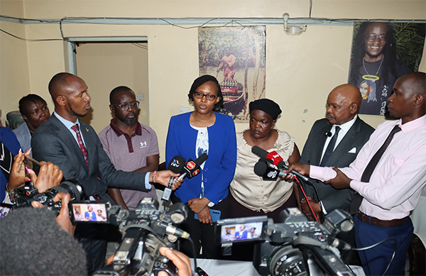 IPOA Assistant Director of Investigations, Irene Inoti, addresses the media during a visit to the home of the late Rex Masai 